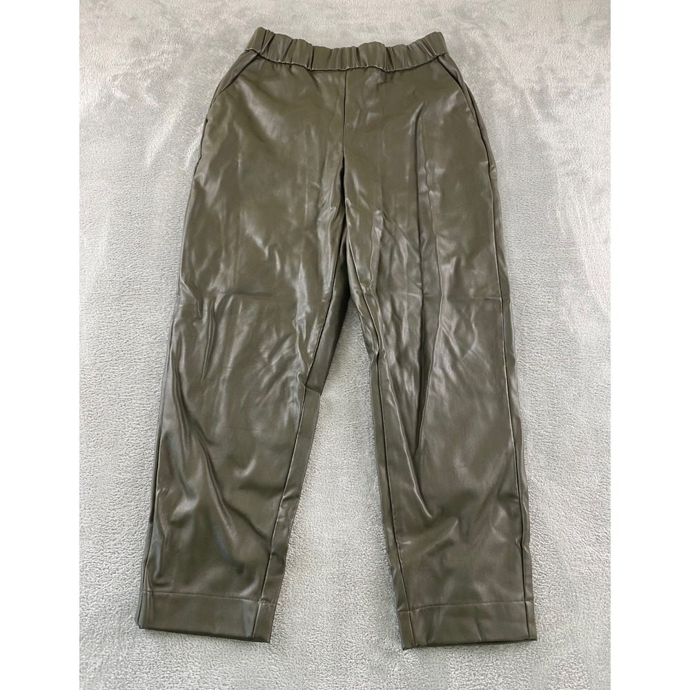 A New Day Womens Olive Green Faux Leather Tapered Pants Elastic Waist Small